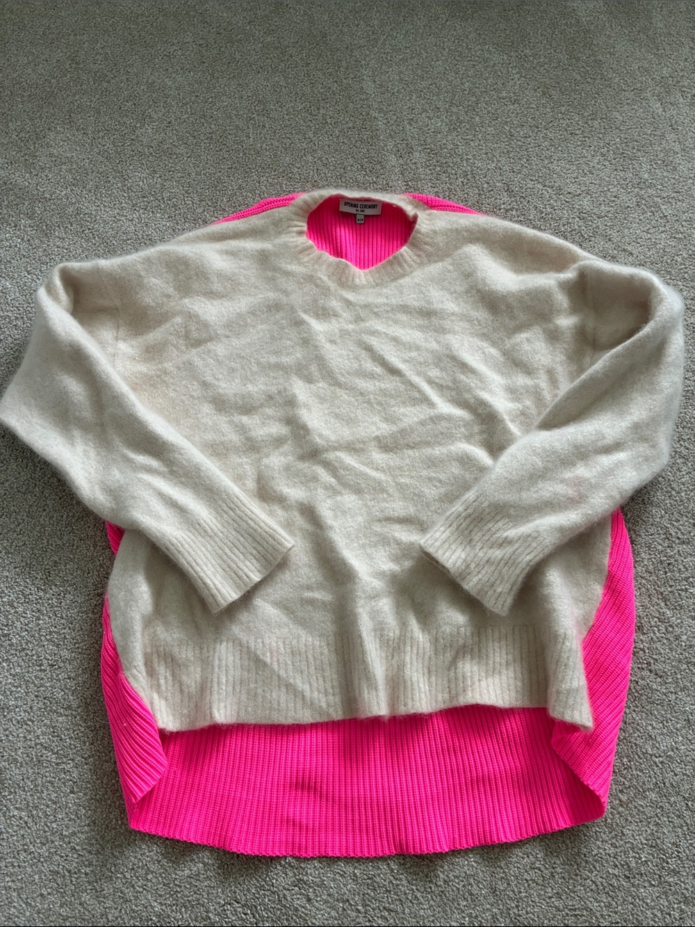 Opening Ceremony NYC Cream Crewneck Sweater with Hot Pink Knit back